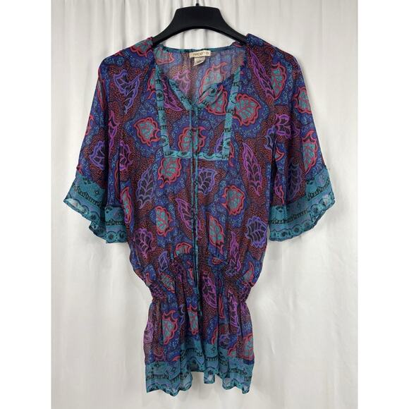 Arden B Smocked Waist Paisley Top Y2K Babydoll Flutter Sleeve Sheer Boho Size M - Picture 2 of 10